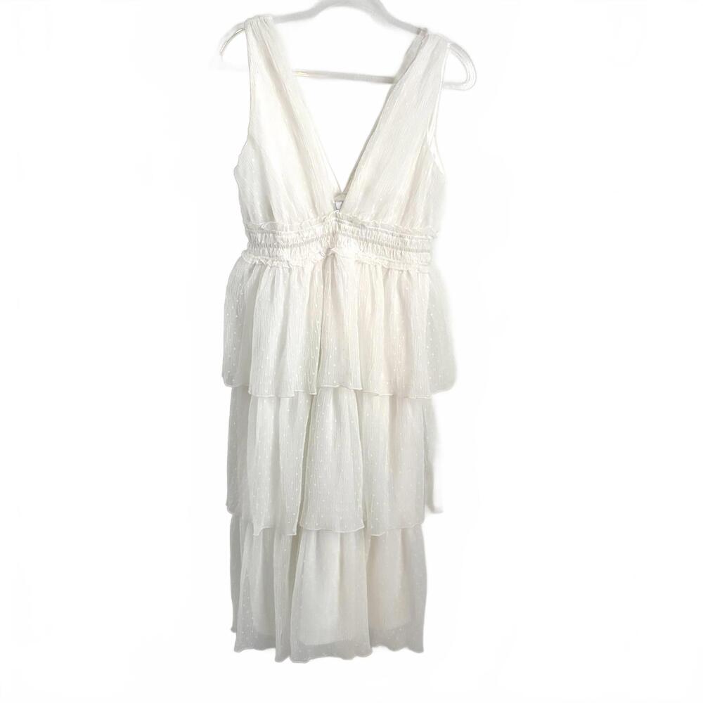 Lulu’s | White Sleeveless Deep V Neck Swiss Dot Tiered Midi Dress Size M